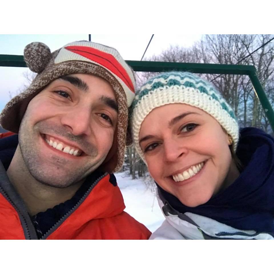 On the ski lift at Wintergreen during our 1st Date-iversary. February 2018.