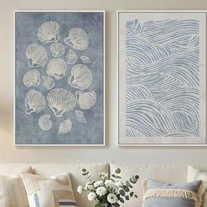 Framed Abstract Coastal Blue White Wall Art for Living Room, Set of 2 Ocean Shell Waves Lines Canvas Artwork for Walls, Large Minimalist Modern Cool Tone Print Wall Decor for Bedroom Office, 24x36 In