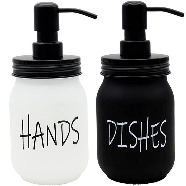 UrbanVillage Farmhouse Soap Dispenser Set - Glass Dish and Hand Soap Dispenser with Stainless Steel Liquid Pump - Cute Mason Jar for Your Kitchen - Matte Black and White Farmhouse Decor
