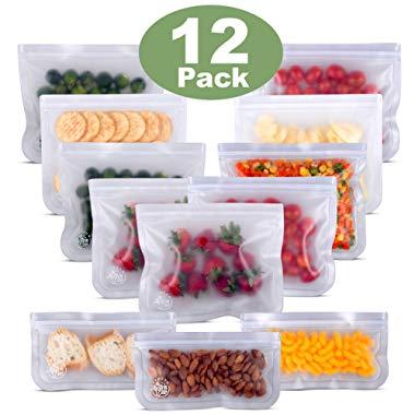 Greenzla Reusable Storage Bags (12-Pack) –FDA Grade PEVA Reusable Ziplock Lunch Bags -EXTRA THICK Freezer Safe Sandwich Bags For Food and Kitchen Organization – BPA FREE Snack Bags - 9 Large & 3 Small