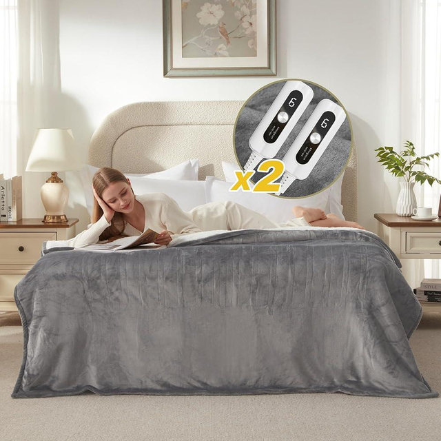 SNUGSUN Electric Heated Blanket King Size with Dual Control, Soft and Cozy Thickened Flannel and Sherpa Electric Blanket for Bed, 6 Heating Levels & 10 Hours Auto-Off, 100"x90" London Grey