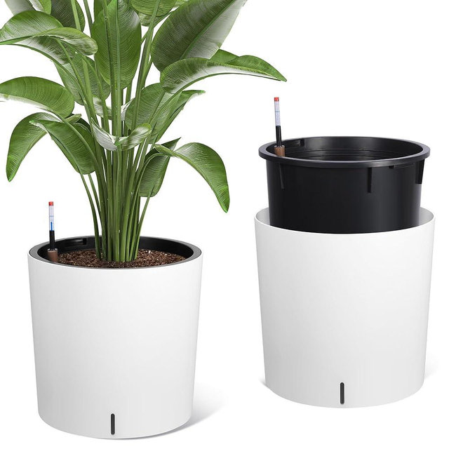 Tall Round Planter Set of 2, 19.5‘’ H x 19.9" Dia Large Planters for Indoor Plants with Built-in Drainage and a Water Level Monitor and Wheels for Patio, Porch, Living Room, or Home Office, White