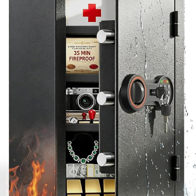 2026 35-Min 1700°F Fire Proof Safe for Home Documents, 23.7" Tall 43Lbs Fireproof Safe Box, Alarm System, LED Light, Wall Mount Fire Safe for Closet Bedroom, Safes for Home Use Fire Waterproof