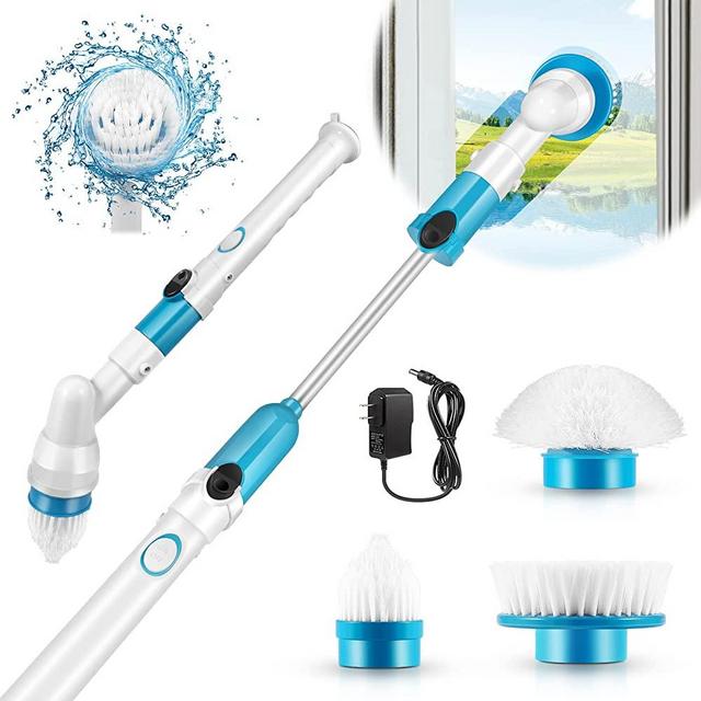 Electric Spin Scrubber, Cordless Bath Tub Scrubber with Long Handle & 3 Replaceable Heads, Power Shower Cleaning Brush Rechargeable Floor Scrubber Household Cleaning Tools for Bathroom & Tile Wall