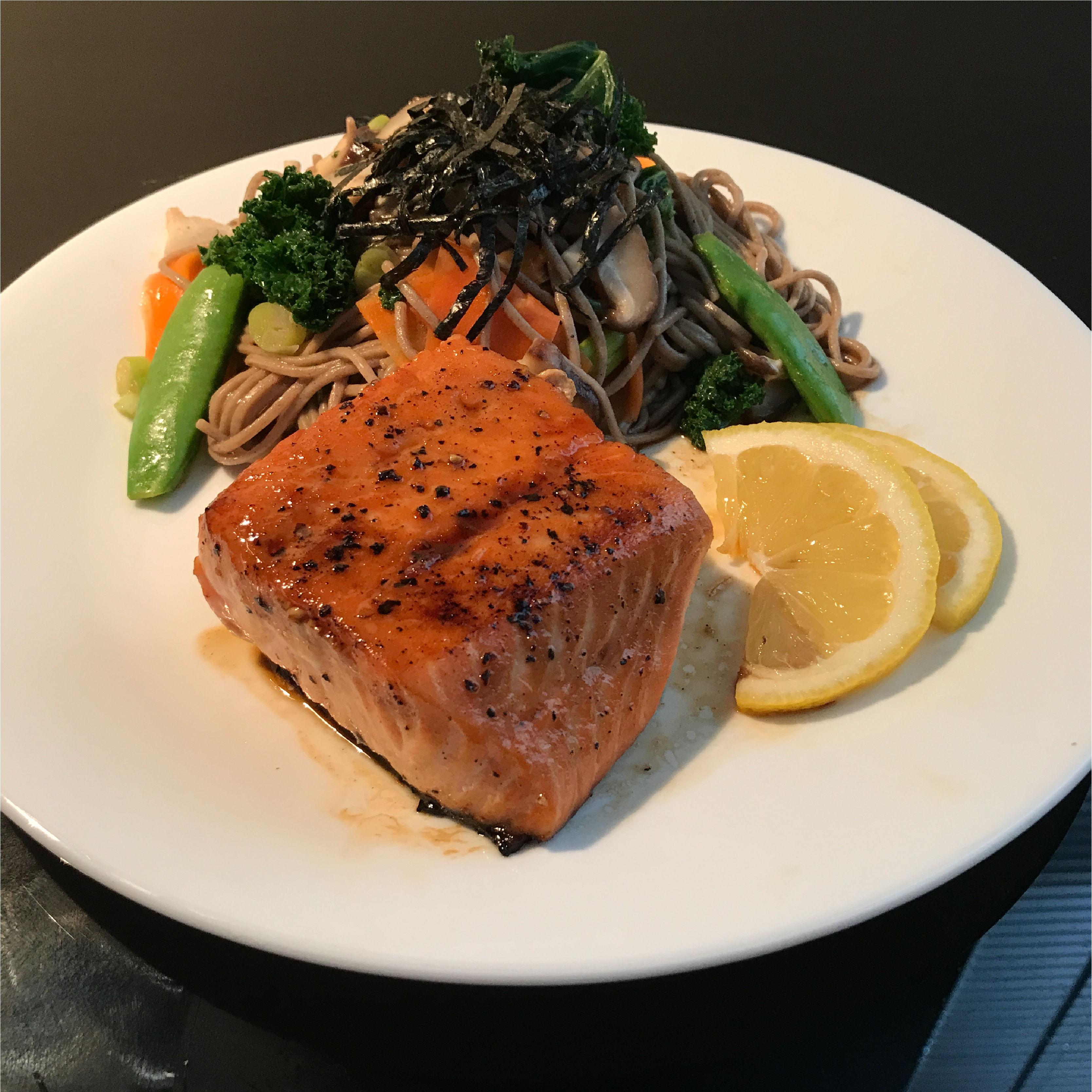 The first dish Arvin cooked for John: Teriyaki Salmon with Soba Salad