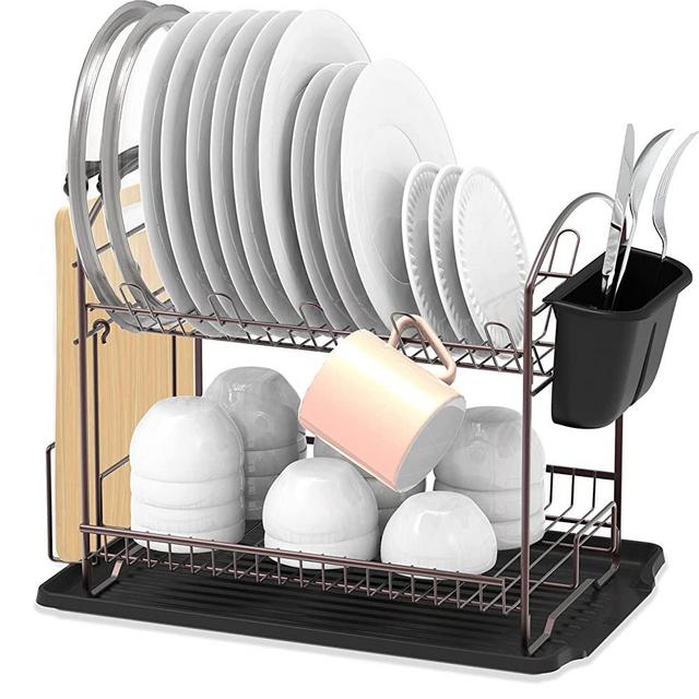 Simple Houseware 2-Tier Dish Rack with Drainboard, Bronze