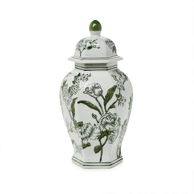 Two's Company Primrose and Lotus Chinoiserie Hexogonal Temple Jar with Lid, 14-Inch, Porcelain