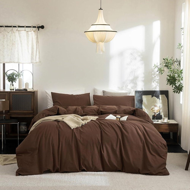 FOSSA Duvet Cover Set 100% Washed Cotton Linen Feel Super Soft Breathable Cozy 3 Pieces Bedding Sets Solid Cocoa Brown Oversized Queen