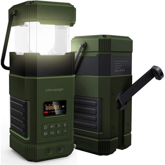 Libovgogo DF-585 Emergency LED Camping Lantern,IPX5 Waterproof Stereo Bluetooth Speaker,Hand Crank NOAA Weather Alert Radio with Solar,Portable AM FM Radio with Flashlight,5000mAH Cell Phone Charger
