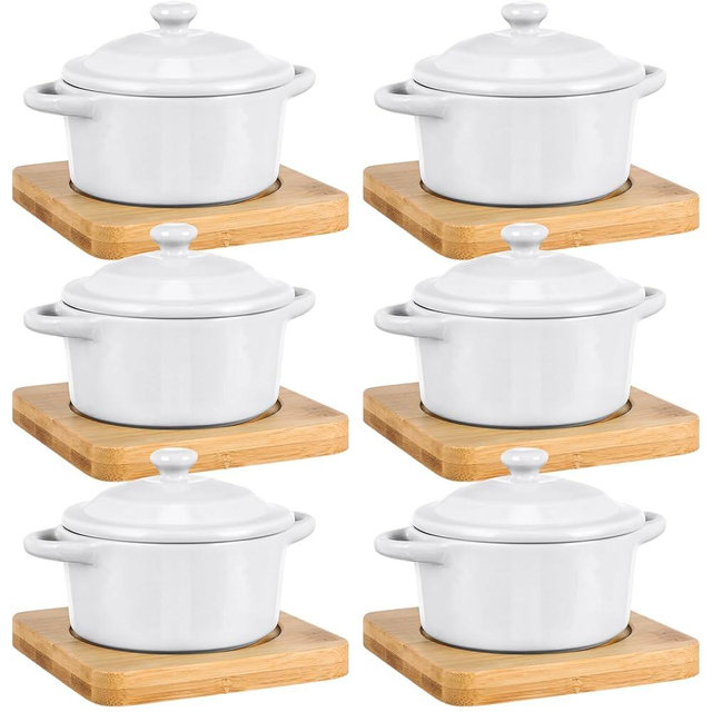 Mimorou 6 Set 7 oz Ceramic Mini Cocotte Set with Lid and Wooden Base Pumpkin Bowl Set with Handle Ceramic Soup Bowls Baking Ramekins Round Casserole for Home Thanksgiving Pumpkin Dish(White)