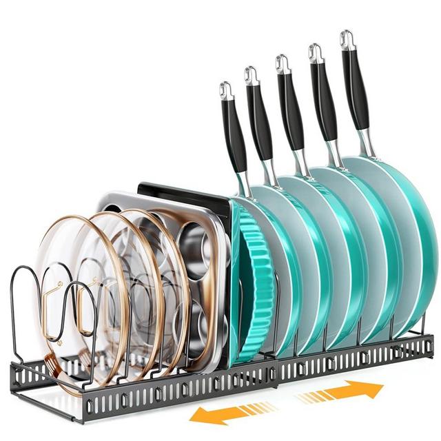 MUDEELA Expandable Pots and Pans Organizer Rack under Cabinet, Pots Lid Organizer Rack for Kitchen Cabinet Organizers and Storage with 12 Adjustable Dividers and Anti-scratch Strip