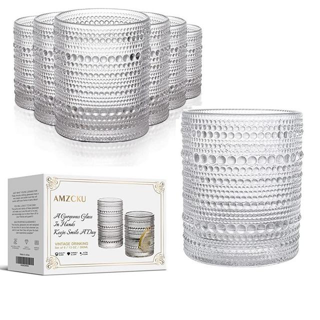 Amzcku Vintage Drinking Glass Set of 6 Kitchen Glasses Cup（13 OZ），for Water，Cocktail，Milk，Juice and Beverage.…