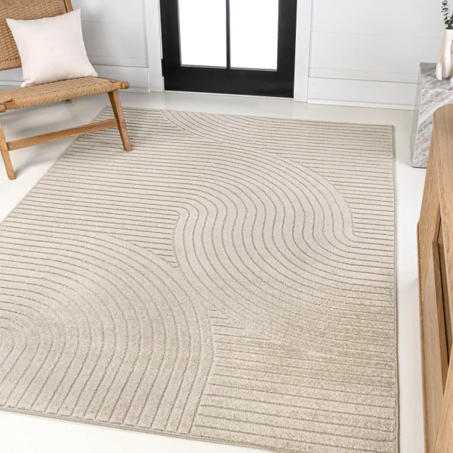 JONATHAN Y Hallie High-Low Minimalist Curve Geometric Beige/Cream 8 ft. x 10 ft. Indoor/Outdoor Area Rug