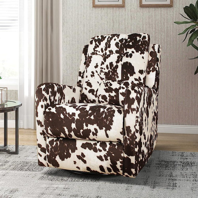 HULALA HOME Recliner Chair Modern Printed Fabric for Living Room, Wingback Rocker Recliner Sofa Comfy Armchair 360 Degree Swivel, Nursery Rocking Chairs with Adjustable Backrest & Footrest/Brown