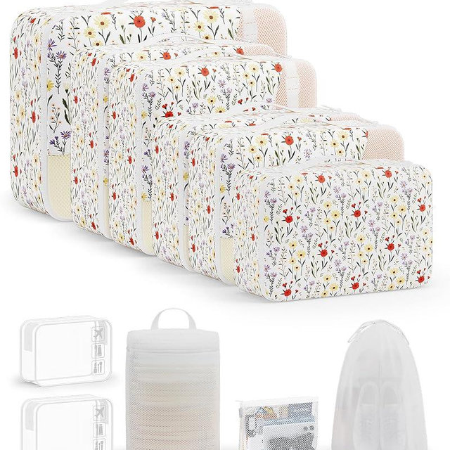 11 Set Packing Cubes for Travel, Gifts for Women Mom Kids, TSA Approved Bags for Makeup, Cosmetic, Toiletry, Suitcase Organizers for Checked Luggage,Cruise Essentials,Airplane Accessories,White Floral