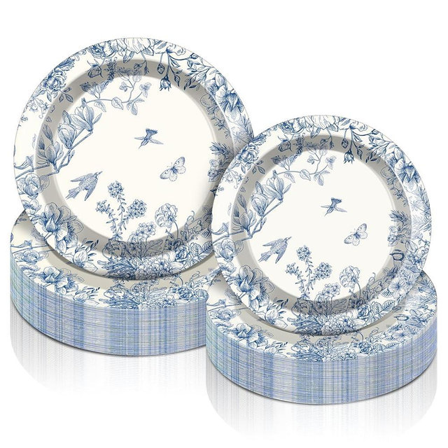 Jingmore 60 Pcs Blue White Floral Paper Plates 7 Inches 9 Inches Monochrome Sketch Birds and Flowers Spring Disposable Plates Vintage Paper Dishes Fancy Tableware for Wedding Birthday Holiday Party