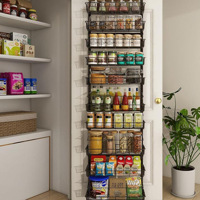 Mefirt 10-Tier Over The Door Pantry Organizer, Pantry Organization and Storage, Black Metal Hanging Adjustable Basket, Wall Spice Rack Seasoning Shelves, Home & Kitchen Essentials