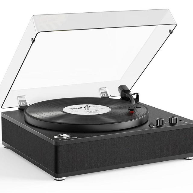 Vintage Record Player with Built-in Speakers, Wireless Bluetooth Input/Output Turntable 3 Speed Retro Vinyl LP Player with Full-Size Platter, Auto-Stop, RCA/AUX/Headphone Out, Black