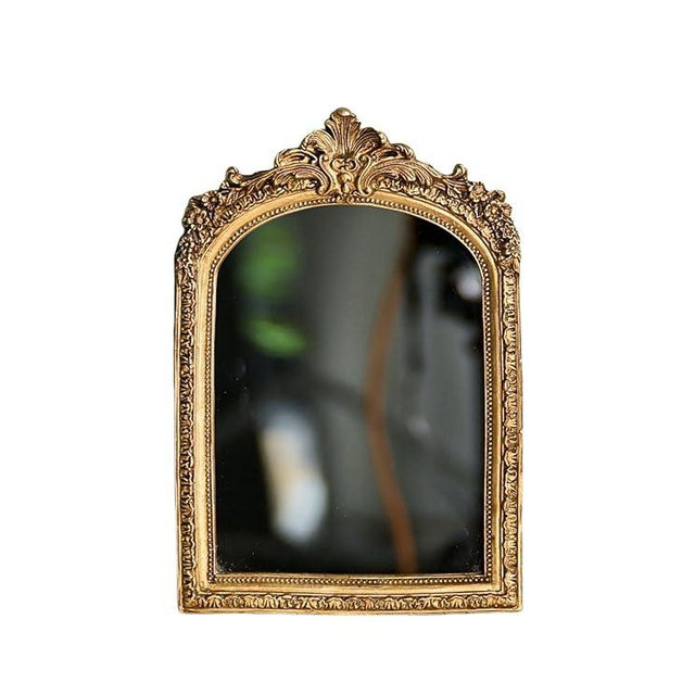 TenFuju 10” x 7” Small Gold Vintage Wall Mirror, Antique Gold Resin Baroque Mirror, Decorative Hanging & Tabletop Mirror