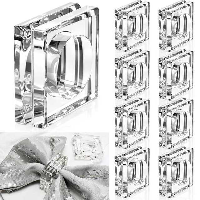 Fiwochic Set of 12 Heavy Crystal Glass Napkin Rings, Clear Square Wedding Napkin Holder (112g Each) for Luxury Reception, Bridal Shower, Engagement Party & Elegant Formal Dinner Table Decor (2.3 Inch)