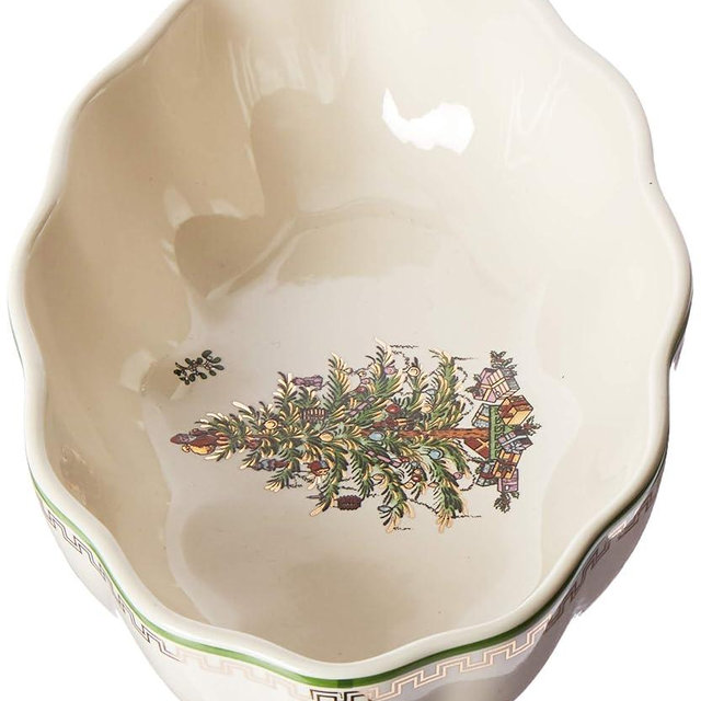 Spode Christmas Tree Gold Cranberry Dish & Server - 8" Festive Serving Bowl & 8" Metal Handled Spoon for Holiday Appetizers, Desserts, Seasonal Dishes - Dishwasher Safe Tableware