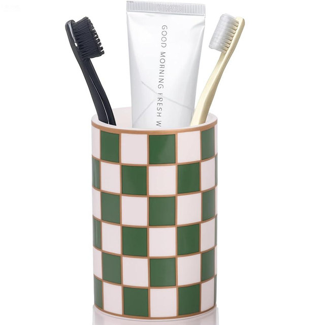 Checkered Bathroom Toothbrush Holder, Bathroom Black and White Ceramic Toothbrush Holder, Modern Toothbrush Box, Used for Bathroom countertop Storage Rack, Checkered Bathroom Decoration (Green)