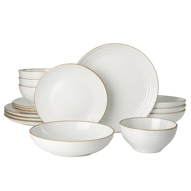 Famiware Jupiter Dinnerware Set with Pasta Bowl, Plates and Double Bowls Dish Sets for 4 (16 Pieces), Microwave and Dishwasher Safe, Chip and Scratch Resistant, White