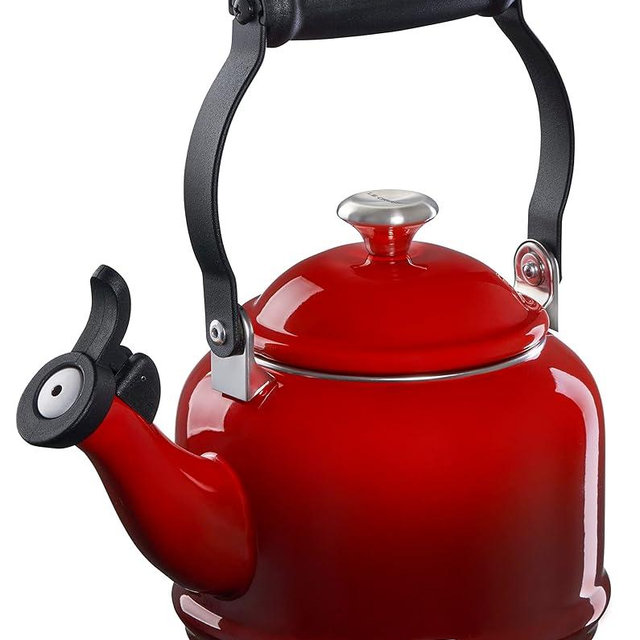 Le Creuset Enamel On Steel Demi Tea Kettle with Metal Finishes, 1.25 qt, Cerise