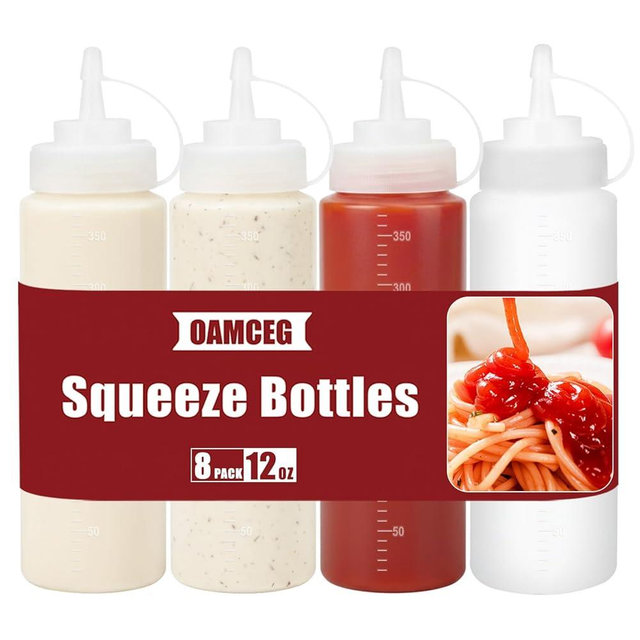 OAMCEG 12OZ Squeeze Bottles - 4 Pack Durable Plastic Condiment Bottles, Squirt Bottle with Discrete Measurements, for Ketchup, BBQ, Sauces, Syrup, Condiments, Dressings, Arts and Crafts