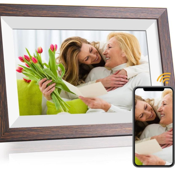 Frameo-Digital-Picture Frame 10.1 Inch Electronic-Digital Photo Frame with IPS Touch Screen HD Display, Smart WiFi Photos or Videos Farme via Free Frameo APP (Brown Wood Frame)