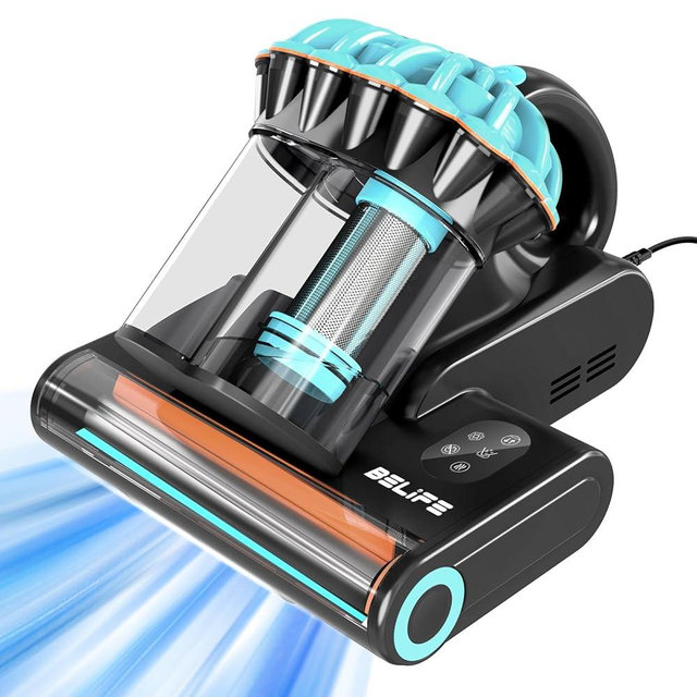 Belife M8 Mattress Vacuum Cleaner, Anti-allergen Bed Vacuum Cleaner with UV & Hot Air & High Heating, 550W 18Kpa Powerful Suction Double-Cup Handheld Vacuum for Bed, Couch, Sofa, Corded (Blue)