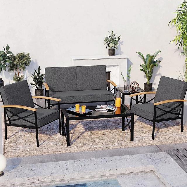 JAMFLY Outdoor Metal Patio Furniture Sectional Set 5 Piece, Outdoor Metal Furniture Patio Conversation Sets with 2 Coffee Table and Removable & Washable Cushion