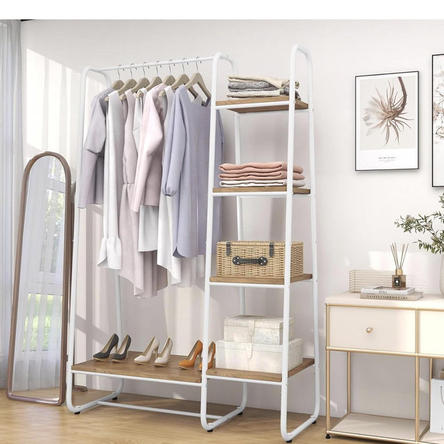 Tangkula Garment Rack with Shelves, Clothes Rack with 5 Shelves & Hanging Bar, Open Wardrobe for Hanging Clothes and Storage, Free Standing Closet Organizer, Clothing Rack for Bedroom Entryway