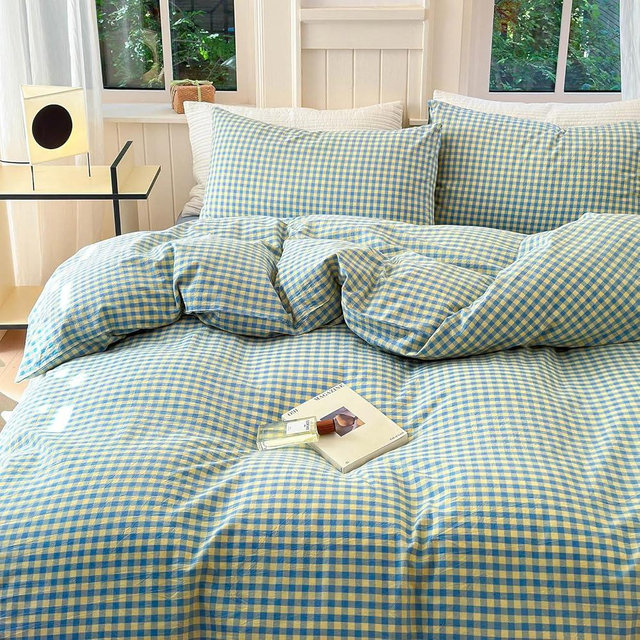 LifeTB Plaid Gingham Duvet Cover Set King Blue Yellow Grid Duvet Cover 100% Washed Cotton Farmhouse Gingham Bedding Set Breathable Plaid Checkered Comforter Cover with Zipper Closure