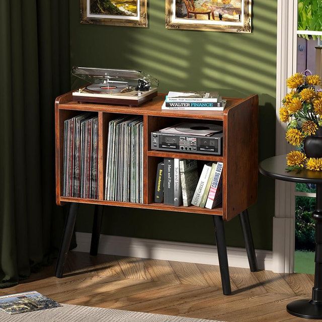 UODERS Record Player Table, Mid-Century Record Player Stand with Vinyl Storage Hold Up to 150+ Albums, Vinyl Record Cabinet with Adjustable Shelves, Wood Turntable Stand for Music Living Room (Brown)