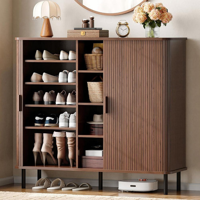 ONBRILL 43" W Shoe Storage Cabinet with Sliding Doors & Adjustable Shelves, 5-Tier Entryway Shoe Cabinet with Open Storage, 35 Pairs Hidden Shoe Rack Organizer Freestanding, Walnut