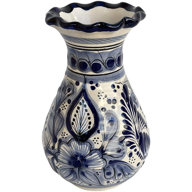 Fine Crafts Imports TalaMex Handmade Calpan Traditional Mexican Talavera Flower Vase, Blue and White