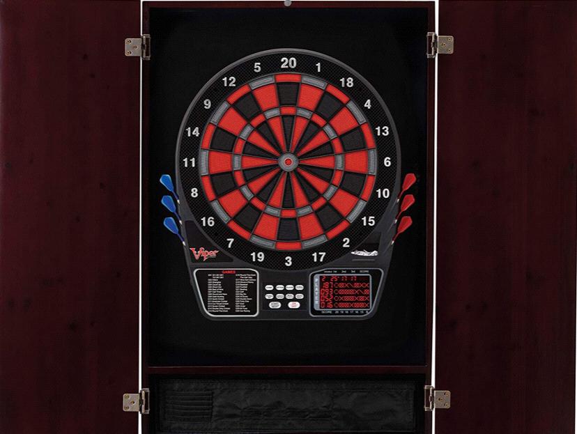 Viper Metropolitan Solid Wood Cabinet & Electronic Dartboard Ready-to-Play Bundle with Two Sets of Soft-Tip Darts and Integrated Storage in Multiple Stain Options
