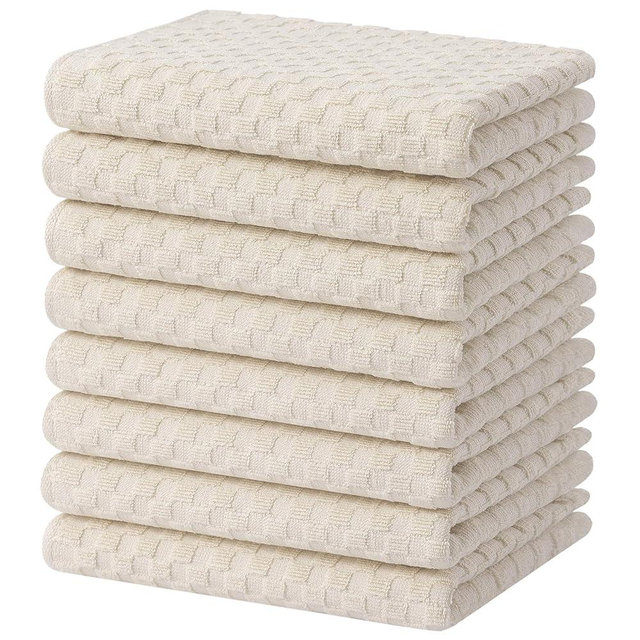 Homaxy 100% Cotton Terry Kitchen Towels(15" x 25", 8 Pack), Soft and Super Absorbent Dish Towels, 380 GSM Reusable Tea Towel with Hanging Loop, Pineapple Grid Designed, Beige