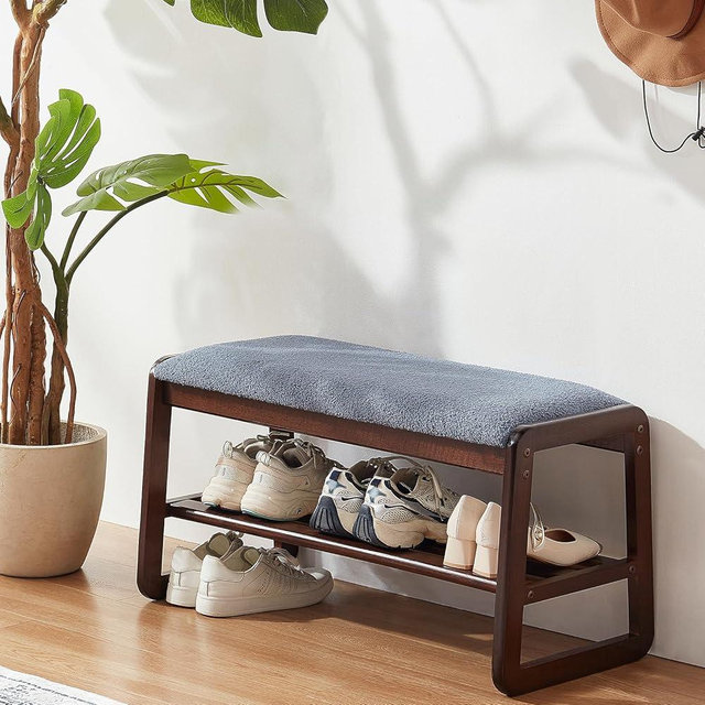 Achicsofar Shoe Rack Bench,2 Tier Solid Wooden Entryway Bench with Shoe Storage, Shoe Rack with Cushion for Living Room, Hallway(Grayish Blue, 31.5")