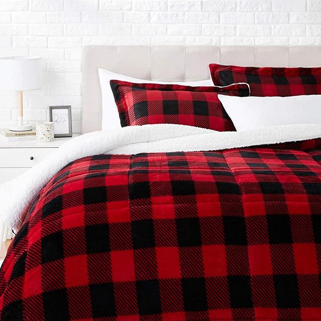 Amazon Basics Ultra-Soft Micromink Sherpa Comforter Bed Set - Red Buffalo Plaid, Full/Queen