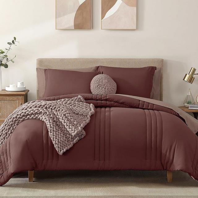 Monbix Queen Size Comforter Sets,Queen Bedding Set 7 Pieces, All Seasons Comforters,Fluffy Bed Set Warm Bed in A Bag Queen with Sheets(Dark Red, Queen, 90''x90'')