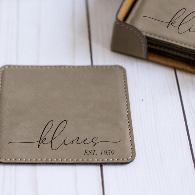 Custom Coaster Set, Personalized Gift, Modern Coasters, Personalized Wedding Coaster Monogrammed Coaster Set, Engrave Square Leather Coaster