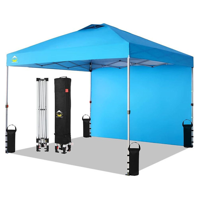 CROWN SHADES 10x10 Pop up Canopy Instant Commercial Canopy Including 1 Removable Sidewall, 4 Ropes, 8 Stakes, 4 Weight Bags, STO 'N Go Bag, Sky Blue