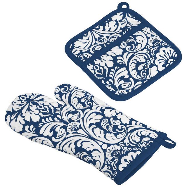 House of Hampton Angelia Damask 2-Piece Potholder and Oven Mitt Set
