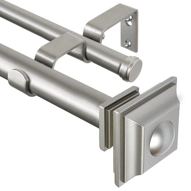 KAMANINA 1 Inch Double Curtain Rods 72 to 144 Inches (6-12 Feet) Telescoping Dark Silver Curtain Rod for Windows 69 to 140 Inches, Heavy Duty Drapery Rods with Square Finials
