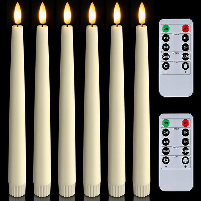 Homemory 6 Pcs Waxy Flameless Taper Candles with Remote, Flickering Battery Operated Taper Candles, Led Flameless Candlesticks Classic Tall Taper Candles for Home, Wedding, Party, Ivory, 9.6 inches
