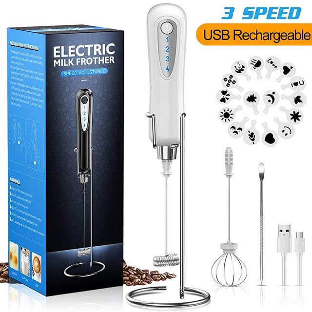 XIMU Milk Frother Handheld, USB Rechargeable 3 Speeds Mini Electric Milk Foam Maker Blender Mixer for Coffee, Latte, Cappuccino, Hot Chocolate, Egg Whisks & Stainless Steel Stand Included