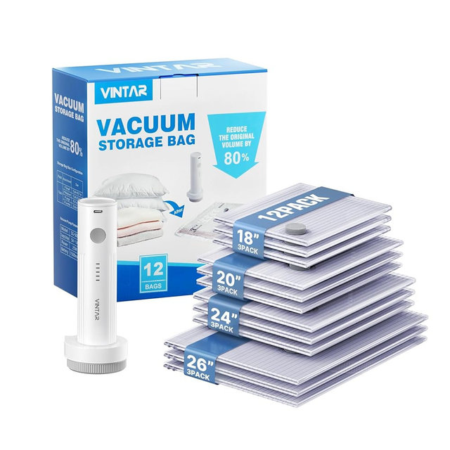 Vacuum Seal Bags for Clothing Travel, VINTAR 12 Pack Vacuum Storage Bags with Rechargeable Wireless Pump, Space Saver Bags(3 Jumbo+3 Large+3 Medium+3 Small) for Travel Luggage, Suitcase Storage