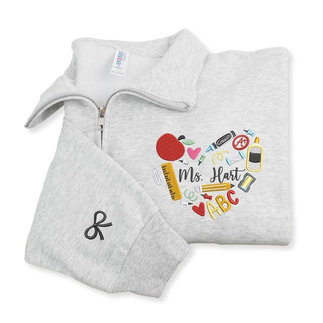COUPLEHOODIES Custom Teacher Name Embroidered Quarter Zip Sweatshirt – Teacher Gift, Back to School or Teaching Apparel